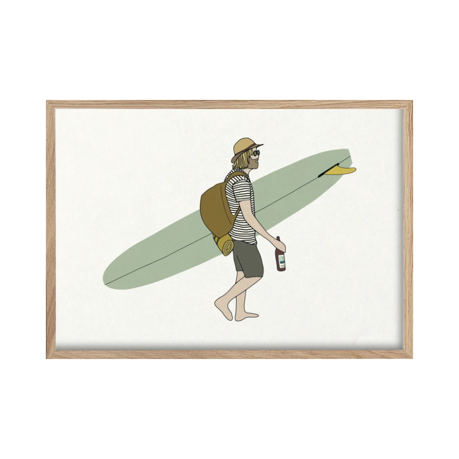 adventure surfer with surfboard back pack and bottle of drink.png