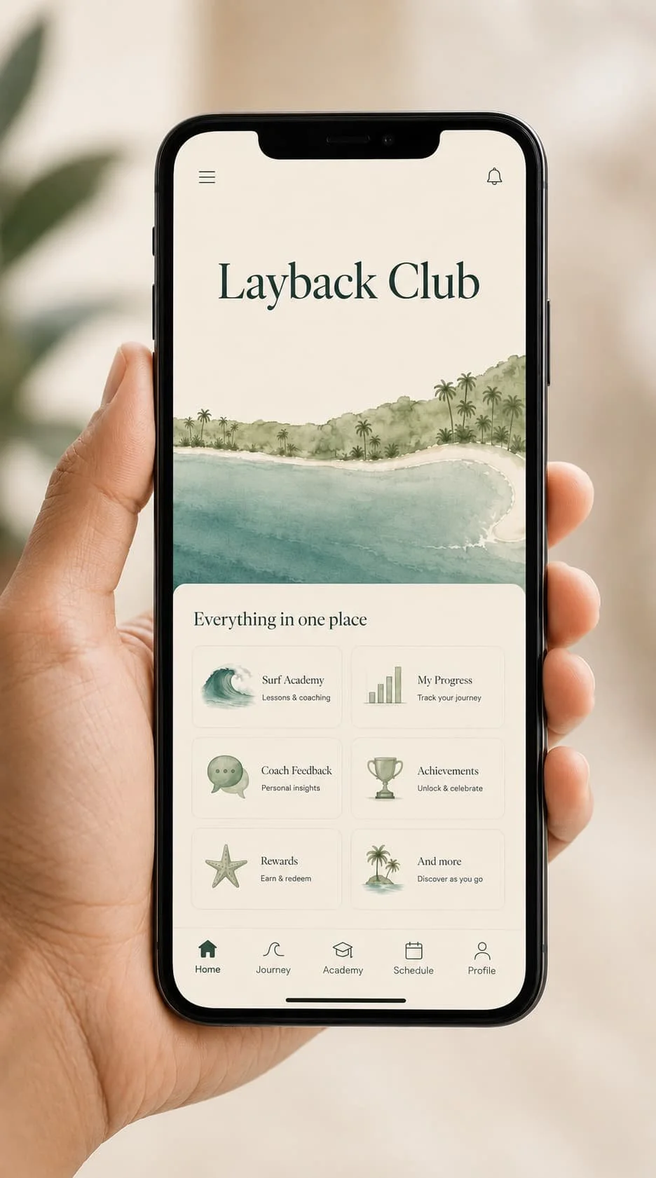 Phone mockup showing the Layback Club Surf Academy lesson library