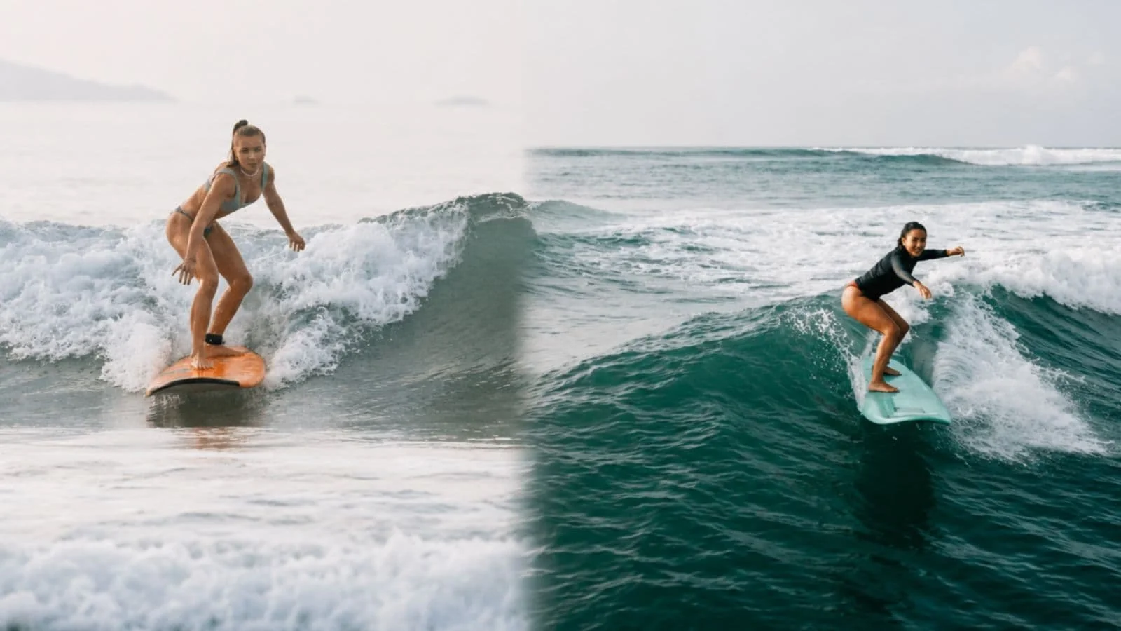 Comparison of a surfer riding broken whitewater versus a surfer taking off on an unbroken wave