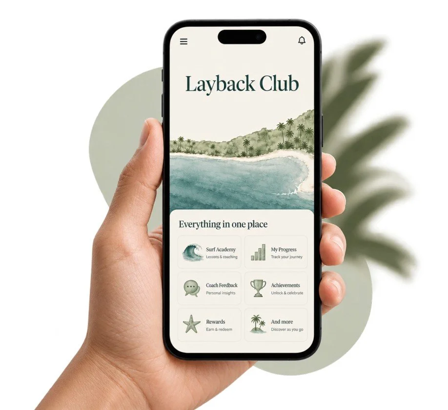 Phone mockup showing the Layback Club surf companion app