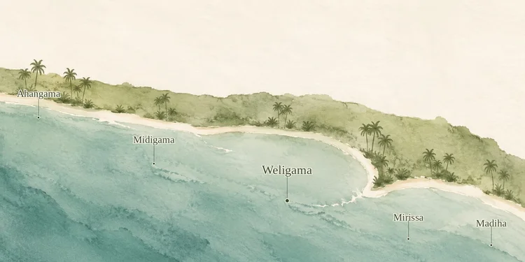 Watercolor illustrated map of the south coast showing Ahangama, Midigama, Weligama, Mirissa, and Madiha