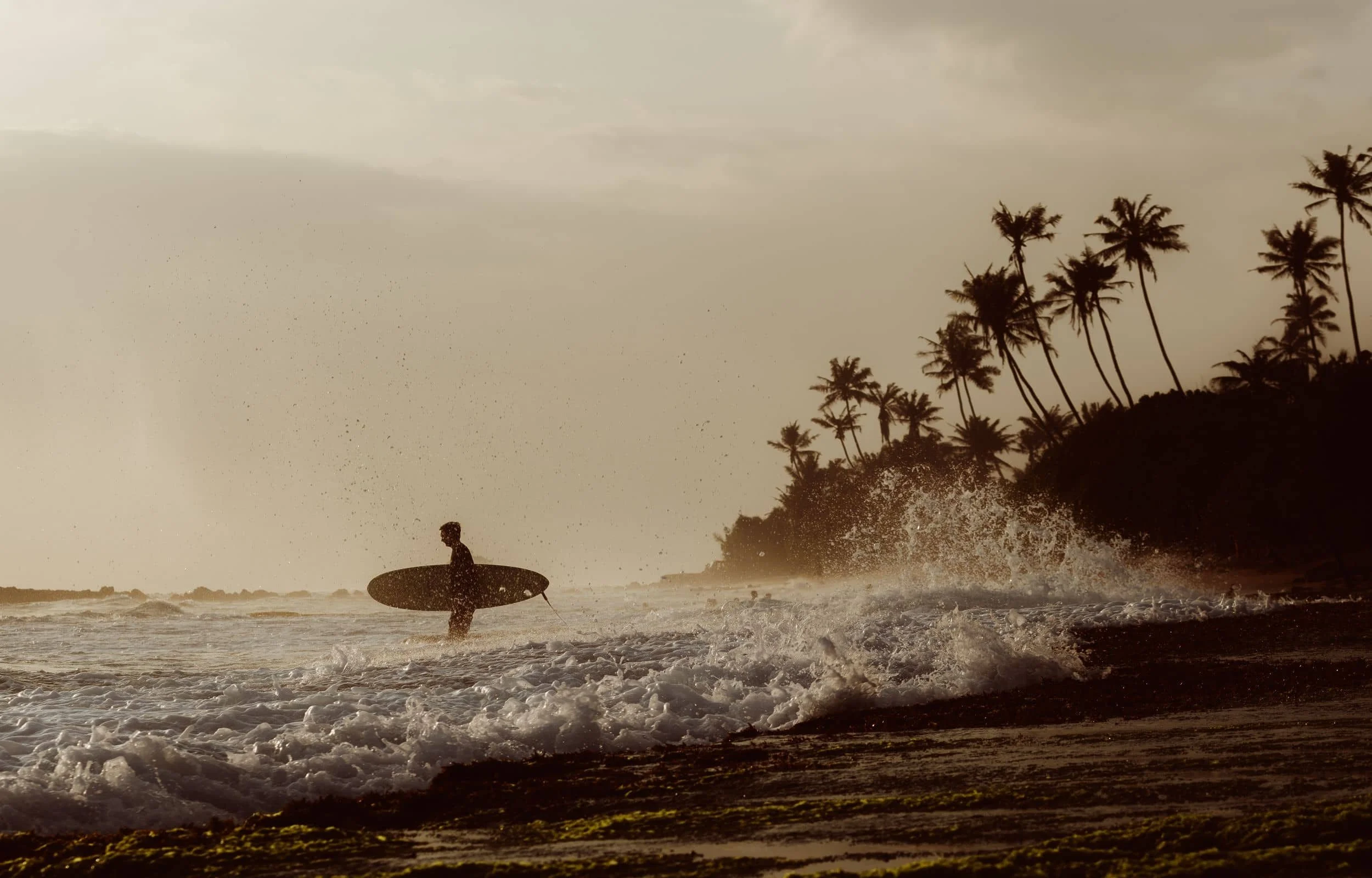 Guests and coaches surfing together at Layback surf camp in Weligama, Sri Lanka
