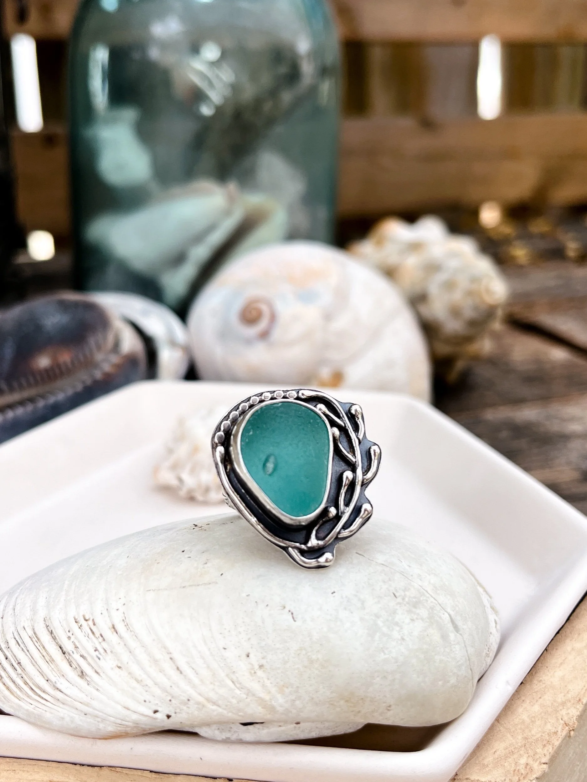 Aqua Sea Glass Sea Wrack Ring (6 3/4)