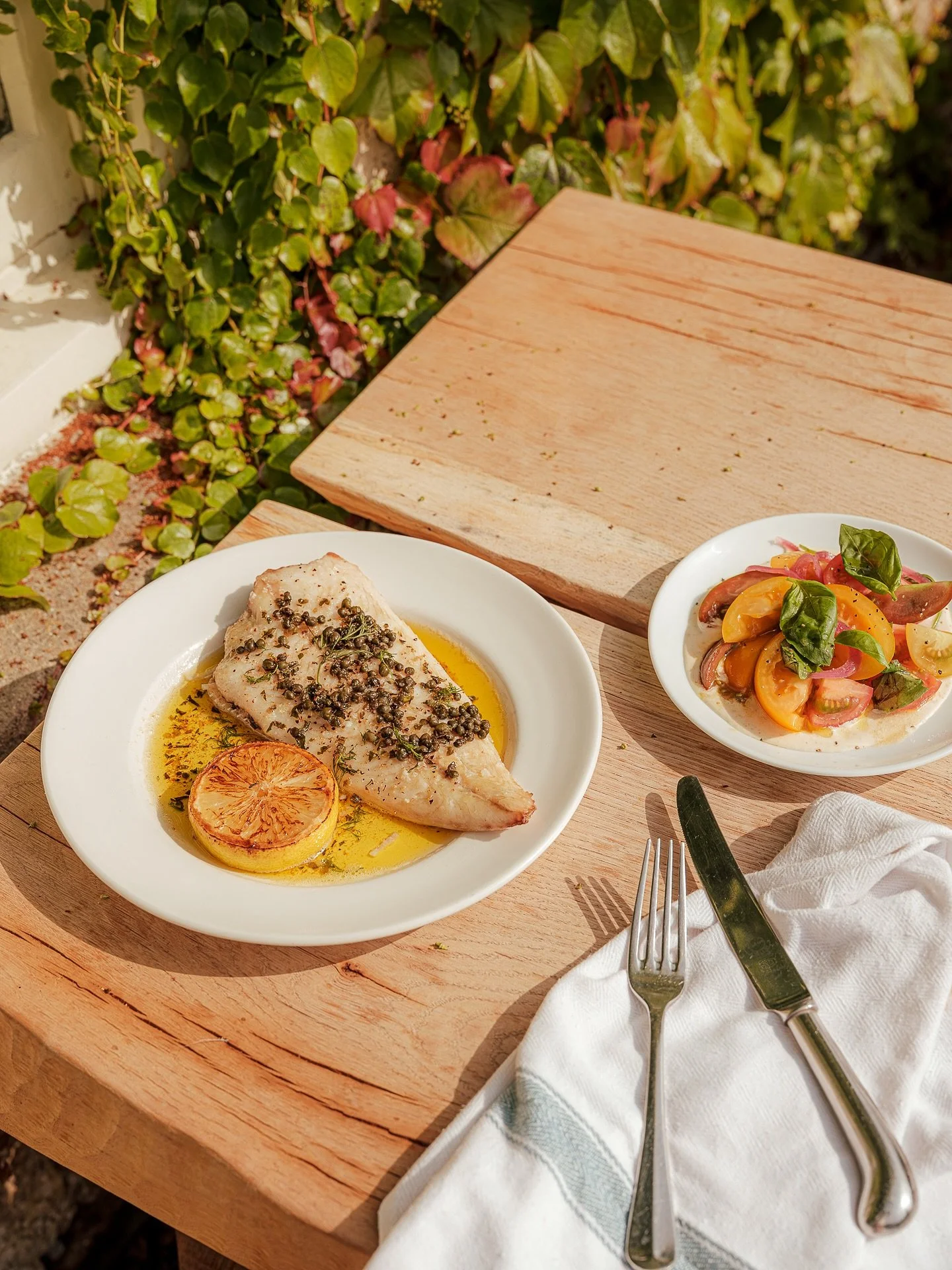 The perfect Summer affair:

Sole, Lemon &amp; Caper Butter, Heritage Tomatoes &amp; Ajo blanco.