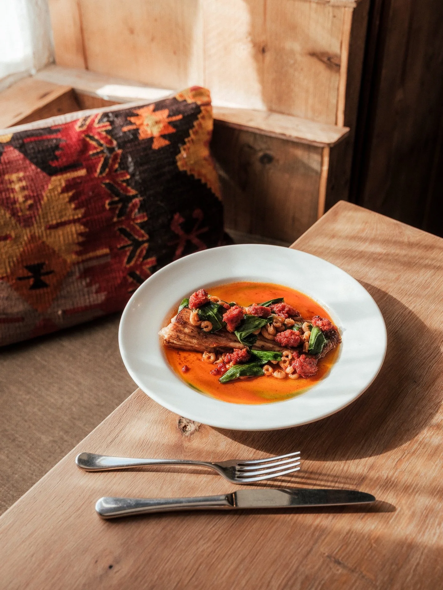 Skate Wing, Nduja, Brown Shrimps, Wild Garlic

Fantastic dish on the specials board this evening and rest of the week.