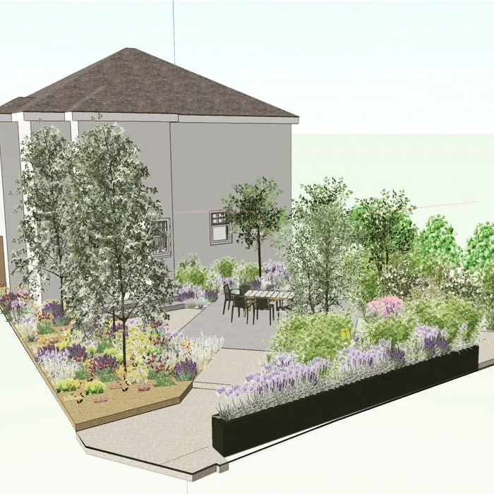 This is my latest design for a garden in Ely. A bespoke design tailored to the needs and wishes of my clients. They want to be able to walk freely around their garden without gravel or mud getting everywhere. They wanted various areas to sit at the f