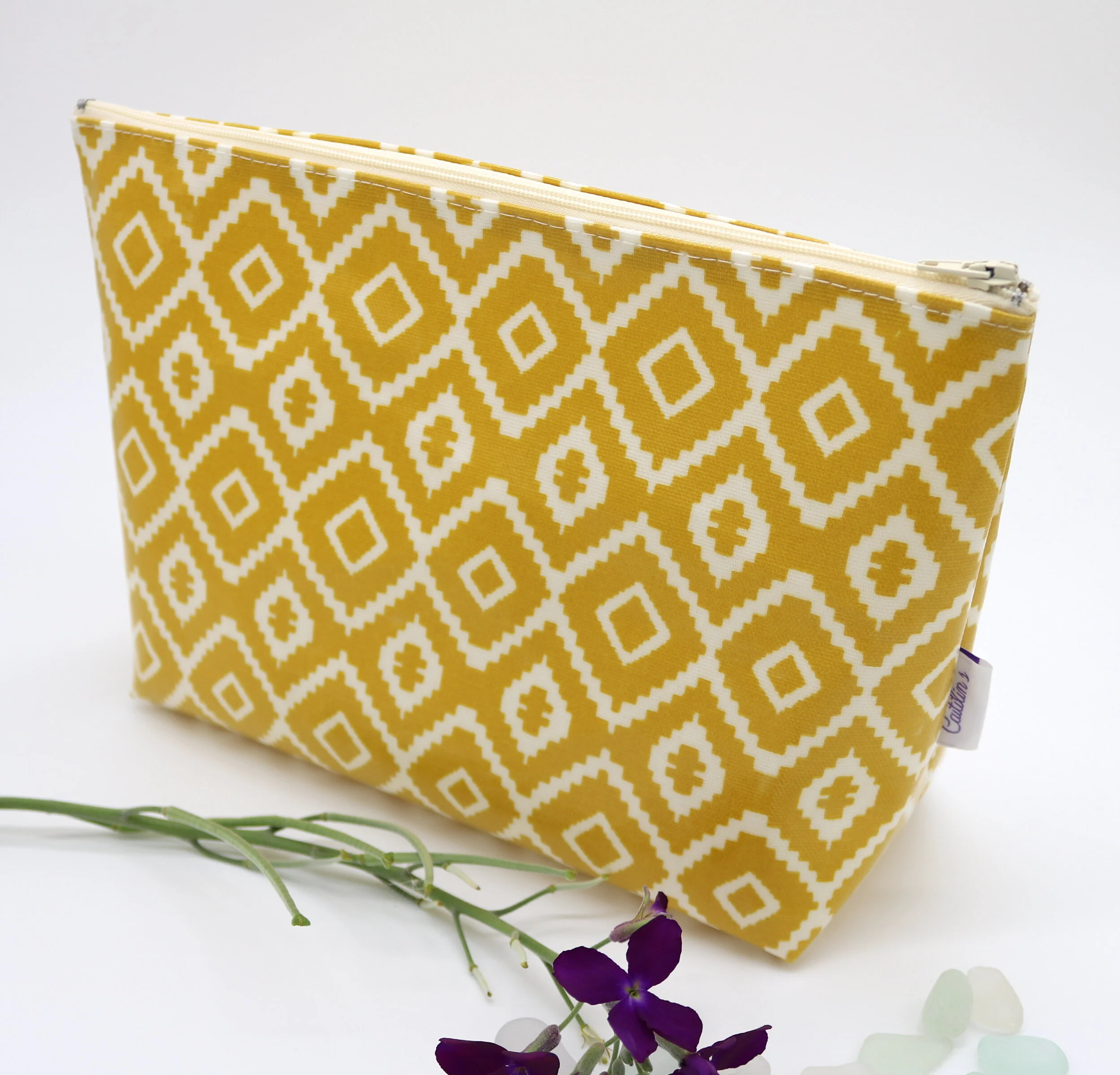Oilcloth Stand Alone Mustard Yellow and White Aztec Design Washbag