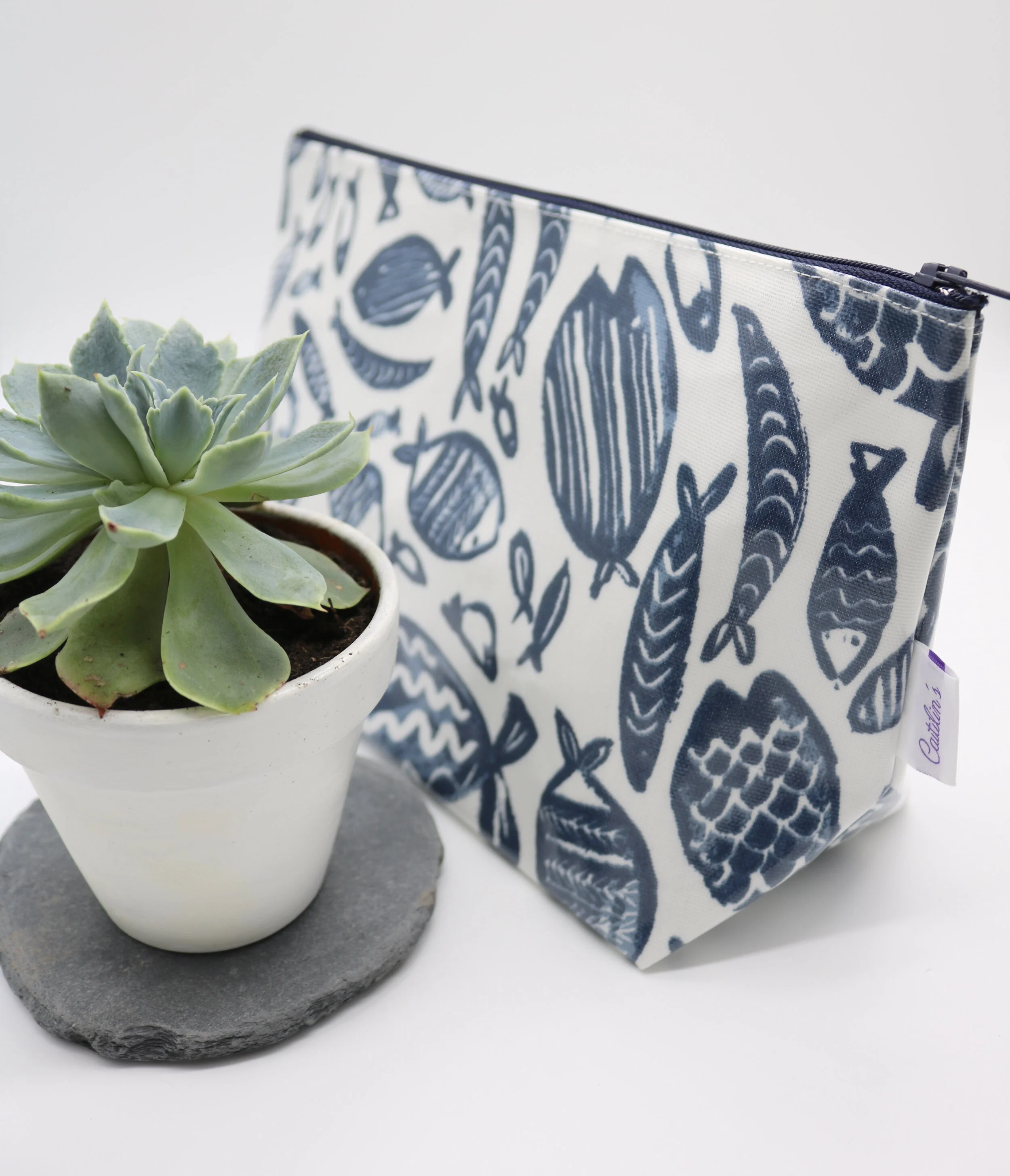 Oilcloth Stand Alone Navy Fish Print Washbag