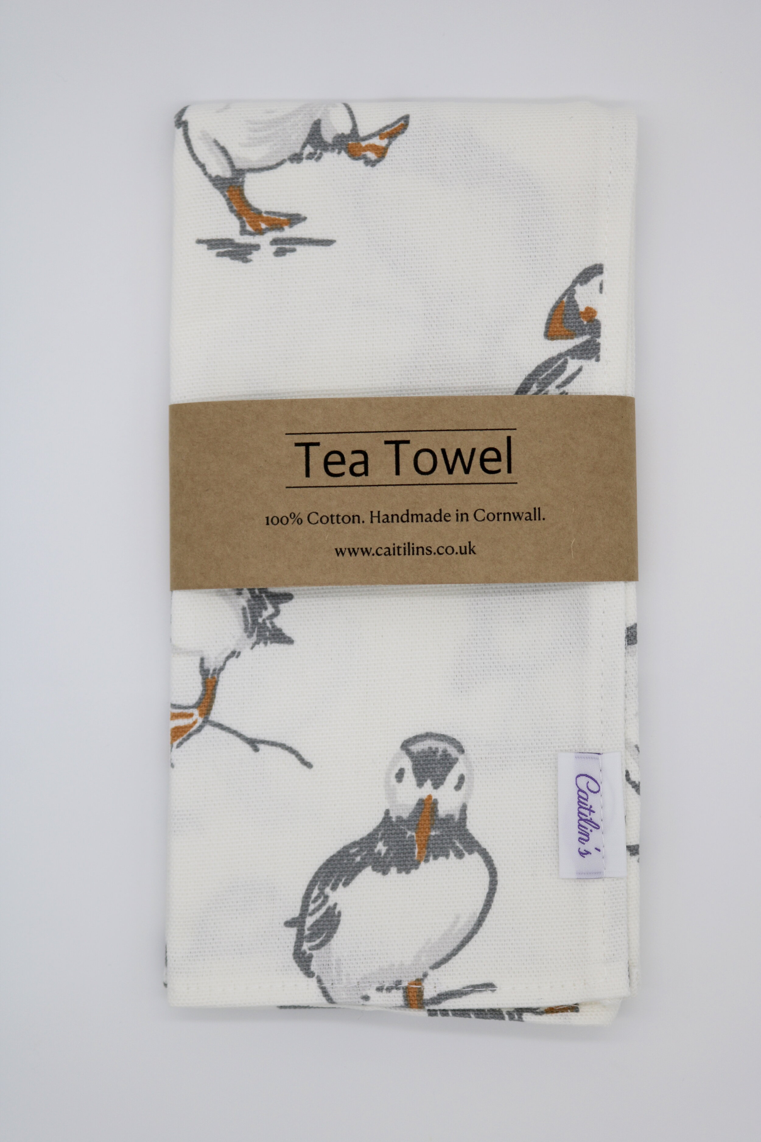 Soft Grey Puffin Design 100% Cotton Tea Towel