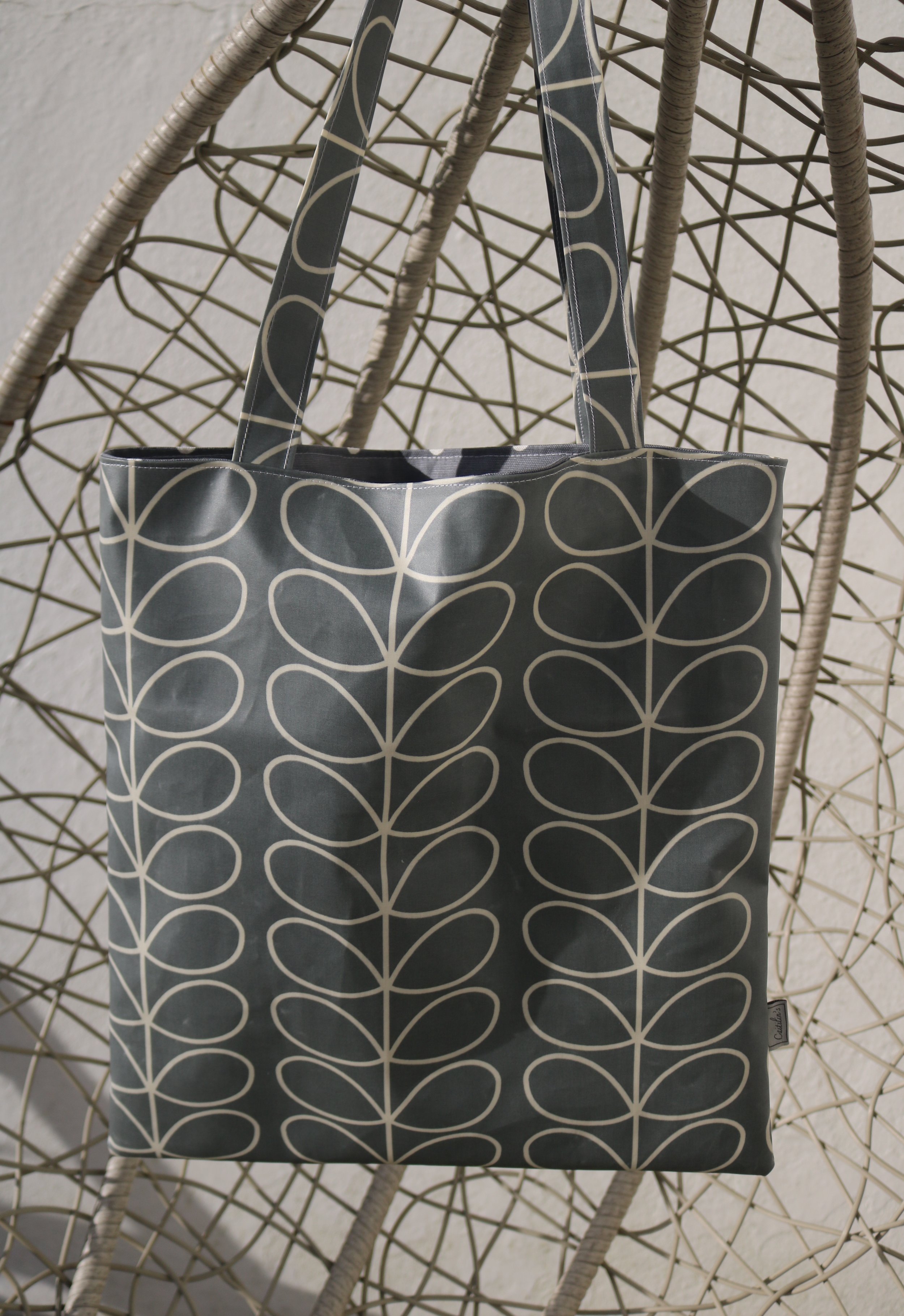 Grey Leaf Design Reversible Oilcloth Tote Bag