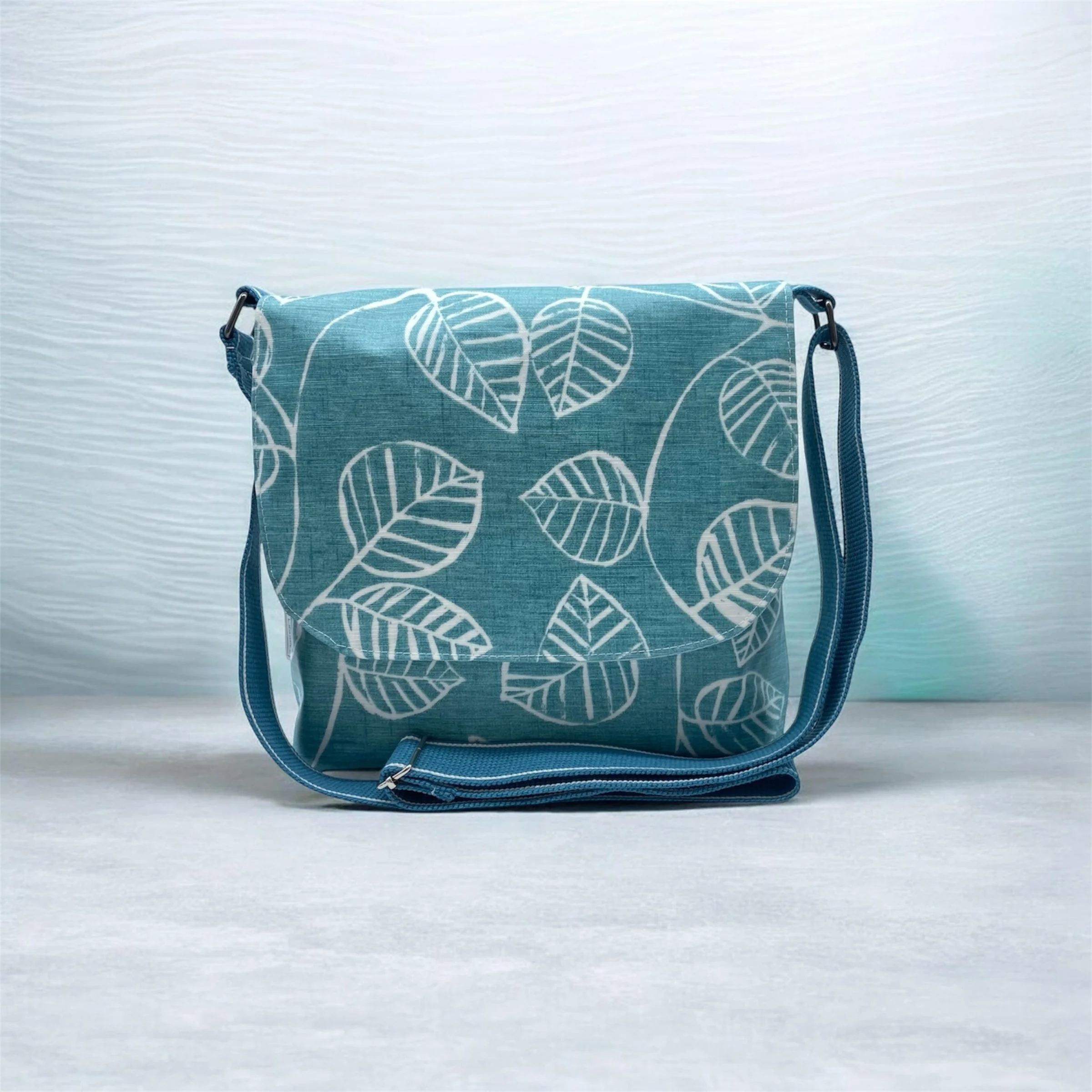 Oilcloth Messenger Bag: Green Leaf Design, Vegan, Waterproof Everyday Bag