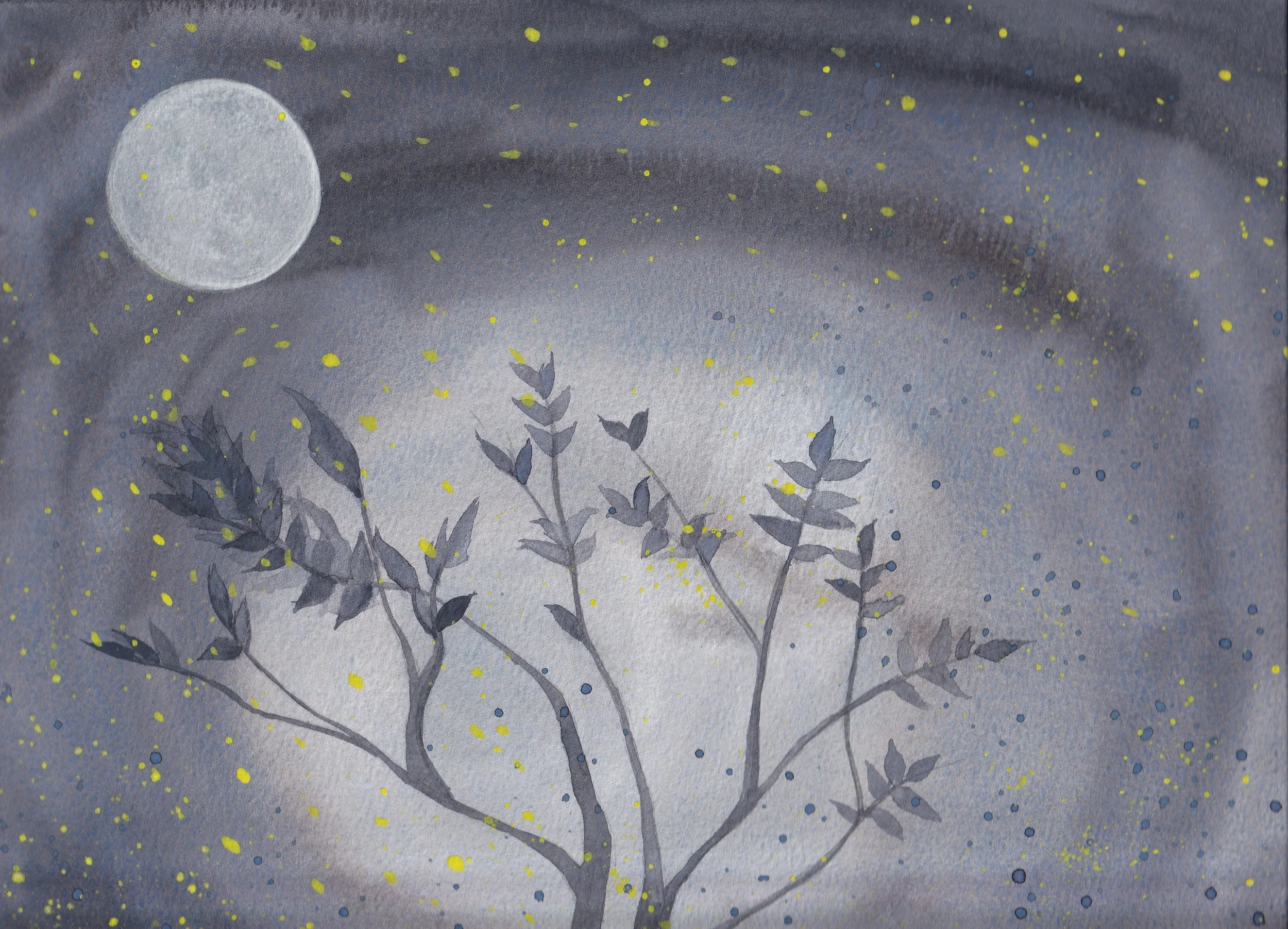 Water color painting of tree and fireflies beneath a glowing full moon