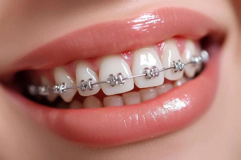 close up orthodontic treatment dental care concept beautiful woman healthy smiling with metal brackets teeth beautiful female smile with braces