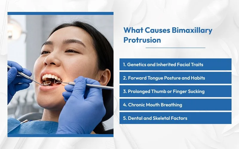 Infographic detailing causes of bimaxillary protrusion.