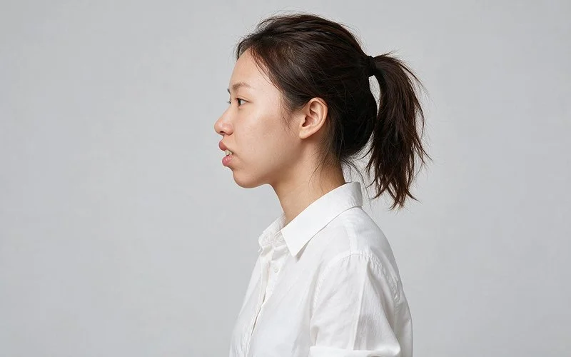 Side profile view evaluating bimaxillary protrusion features.