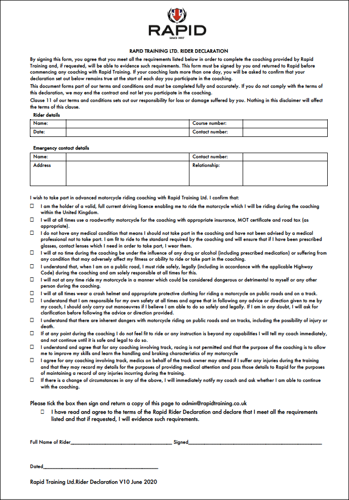 Adjustable Rate Rider Form Terms and Conditions | Advanced Rider Training | Rapid Training