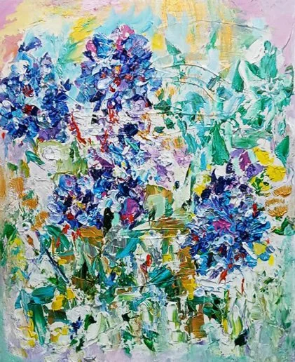 Summer's End  The final days of summer, golden sunlight dancing through the lovely blossoms. Acrylic, 20" x 24".    Purchase original.  
2025