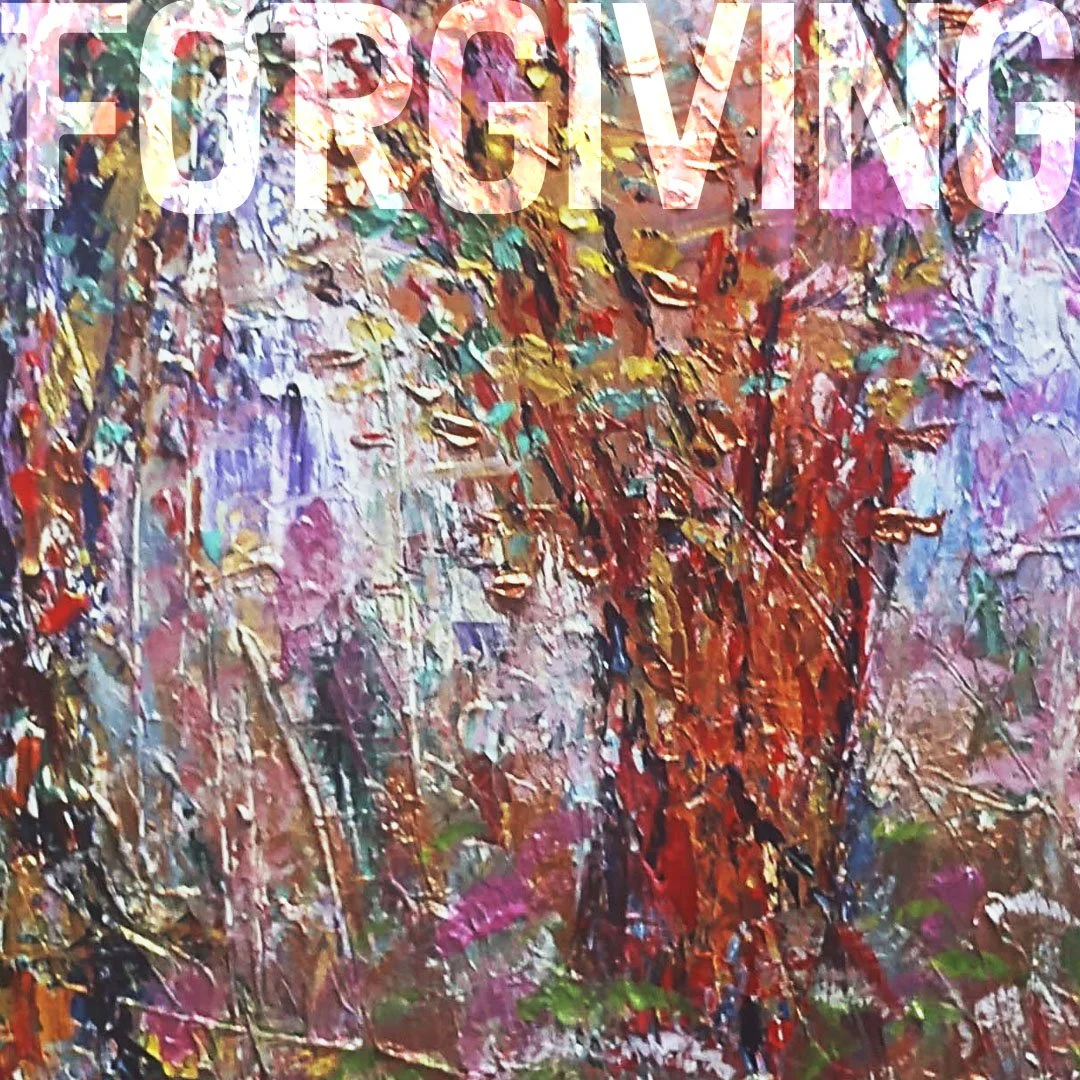 Abstract painting of a tree, captioned, “Forgiving.”