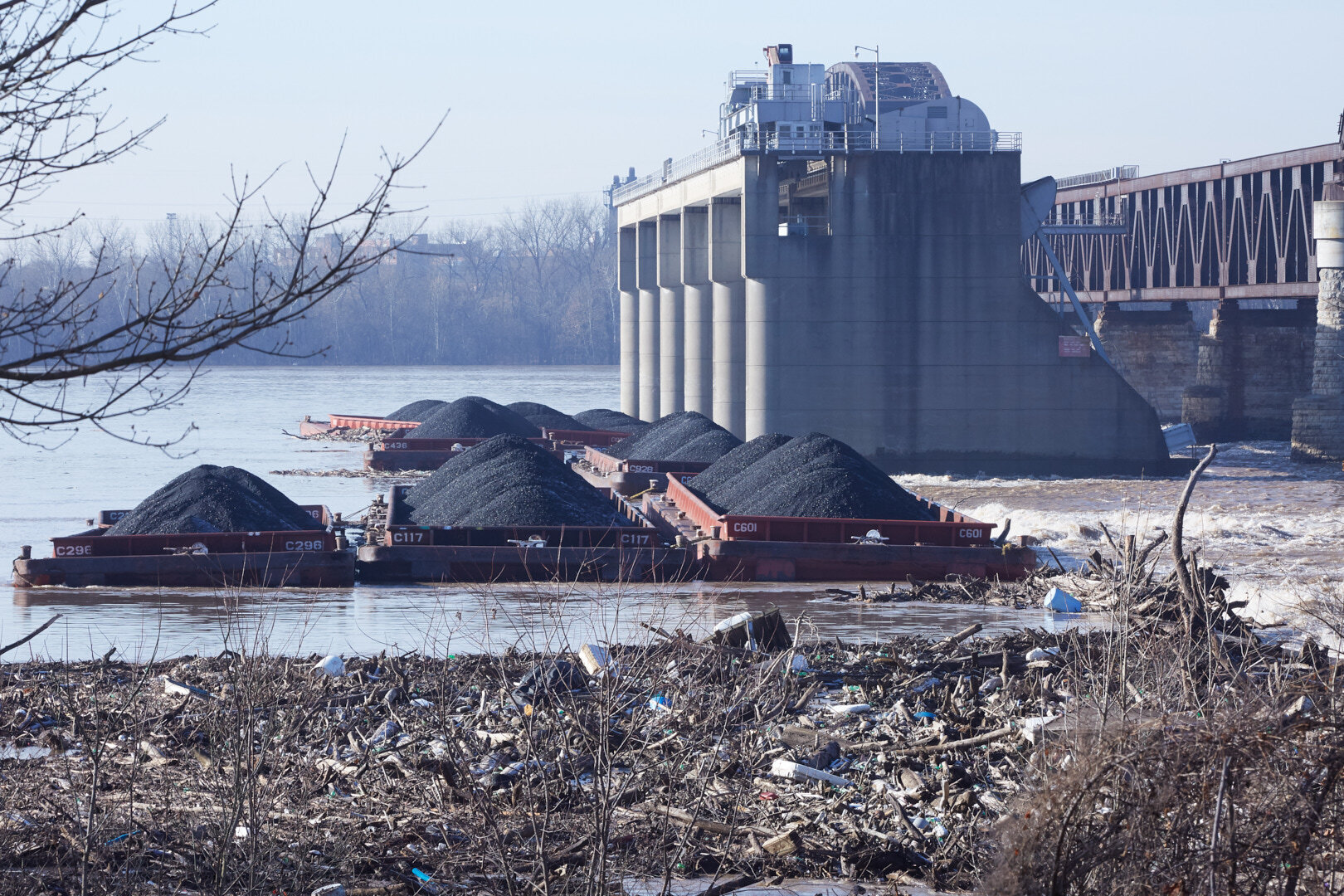 Coal barges that broke away from their tow, Ohio River dam at Louisville