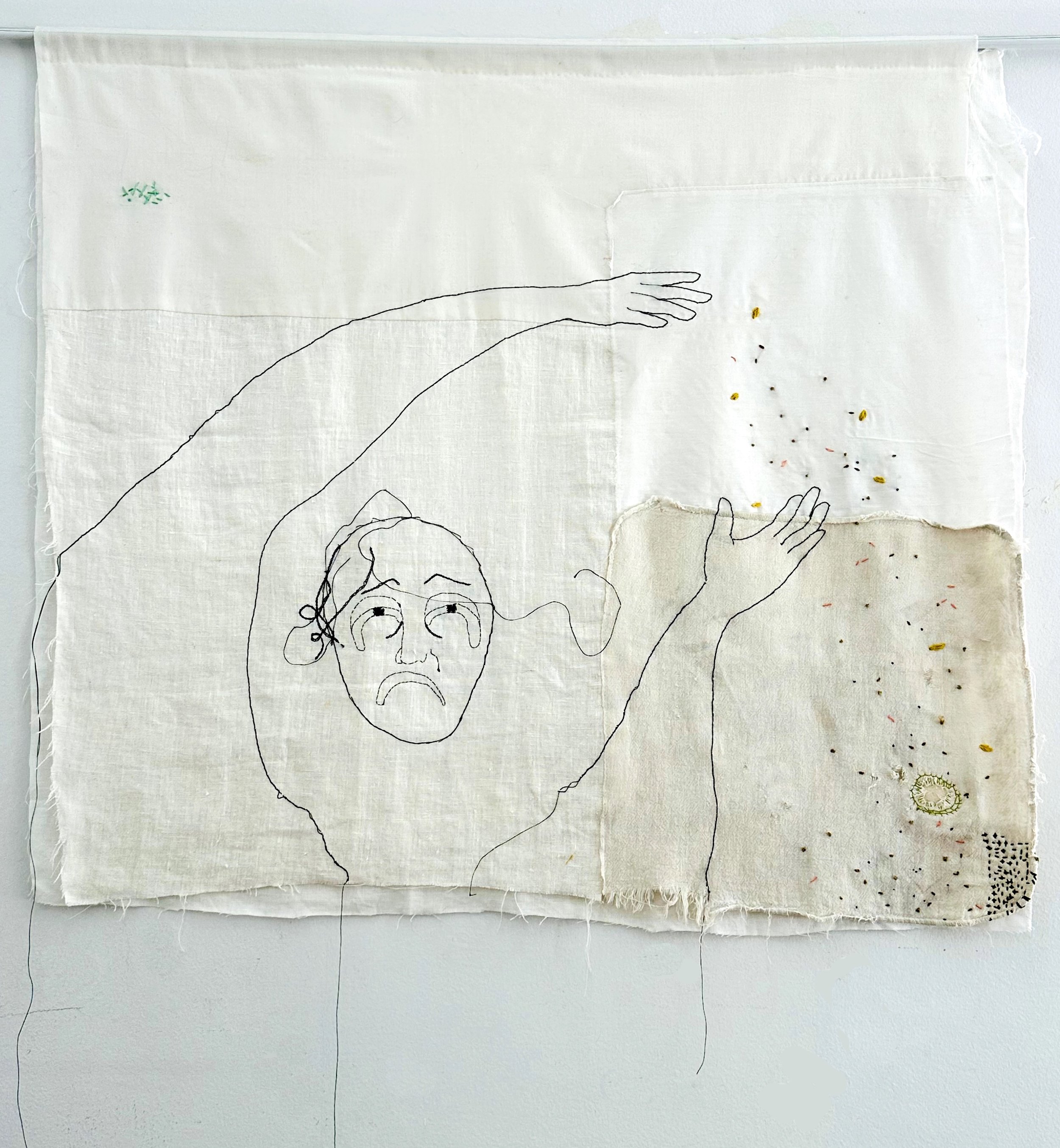 Grief Seeds - Cotton, linen and silk embroidery on recycled cotton and linen, H 122.0 x W 131.0 cm, 2024