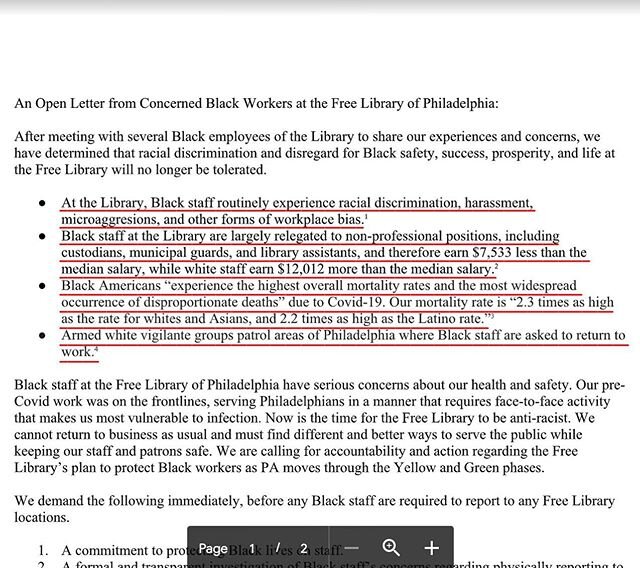 Listen to Black voices, an open letter from Black workers to the Free Library asking them to stand accountable moving forward as we re-open, read and share: link in bio.