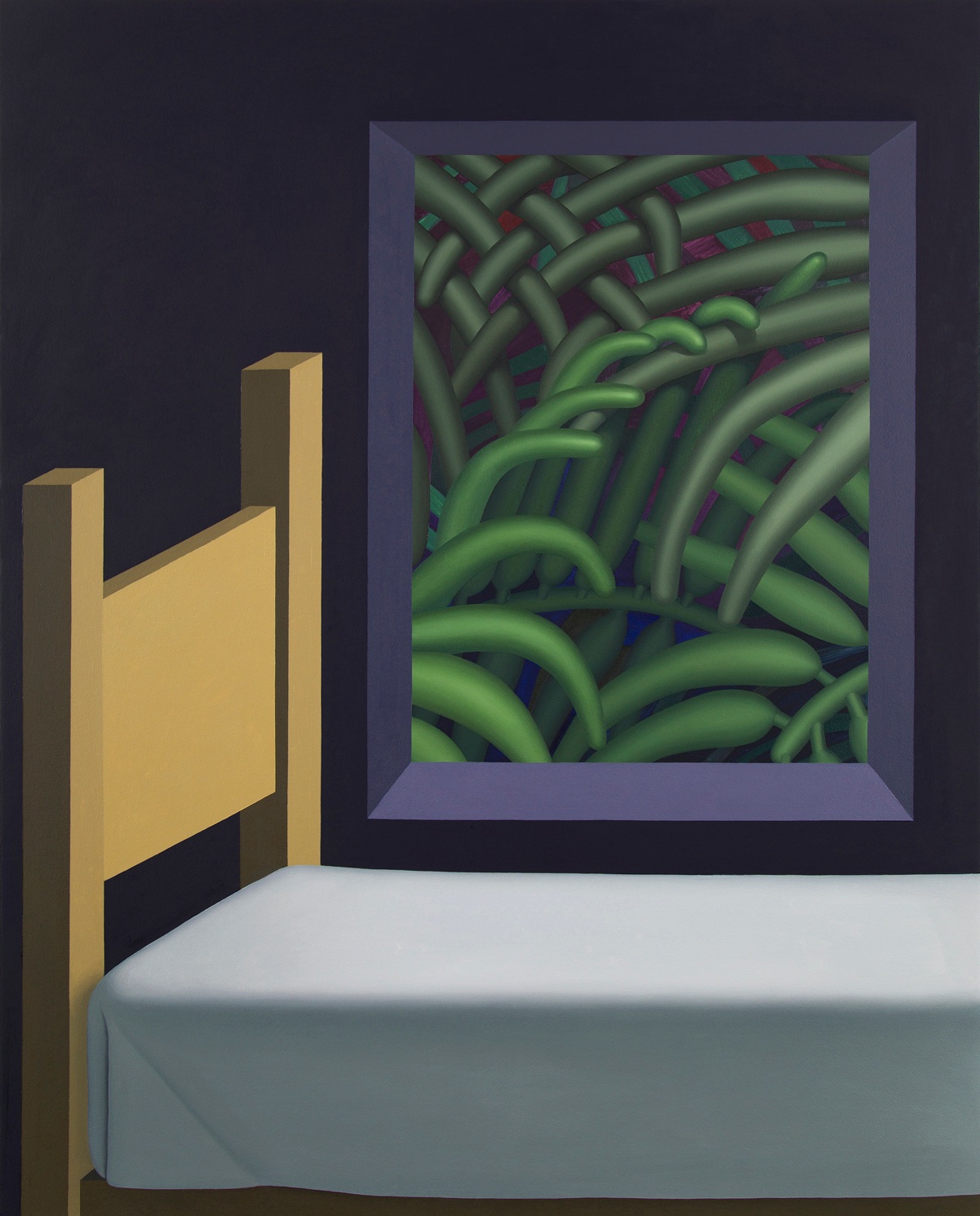 Emily Ludwig Shaffer, Bedroom in Bargème / Tuck, 2019, oil on canvas, 50 x 40 inches