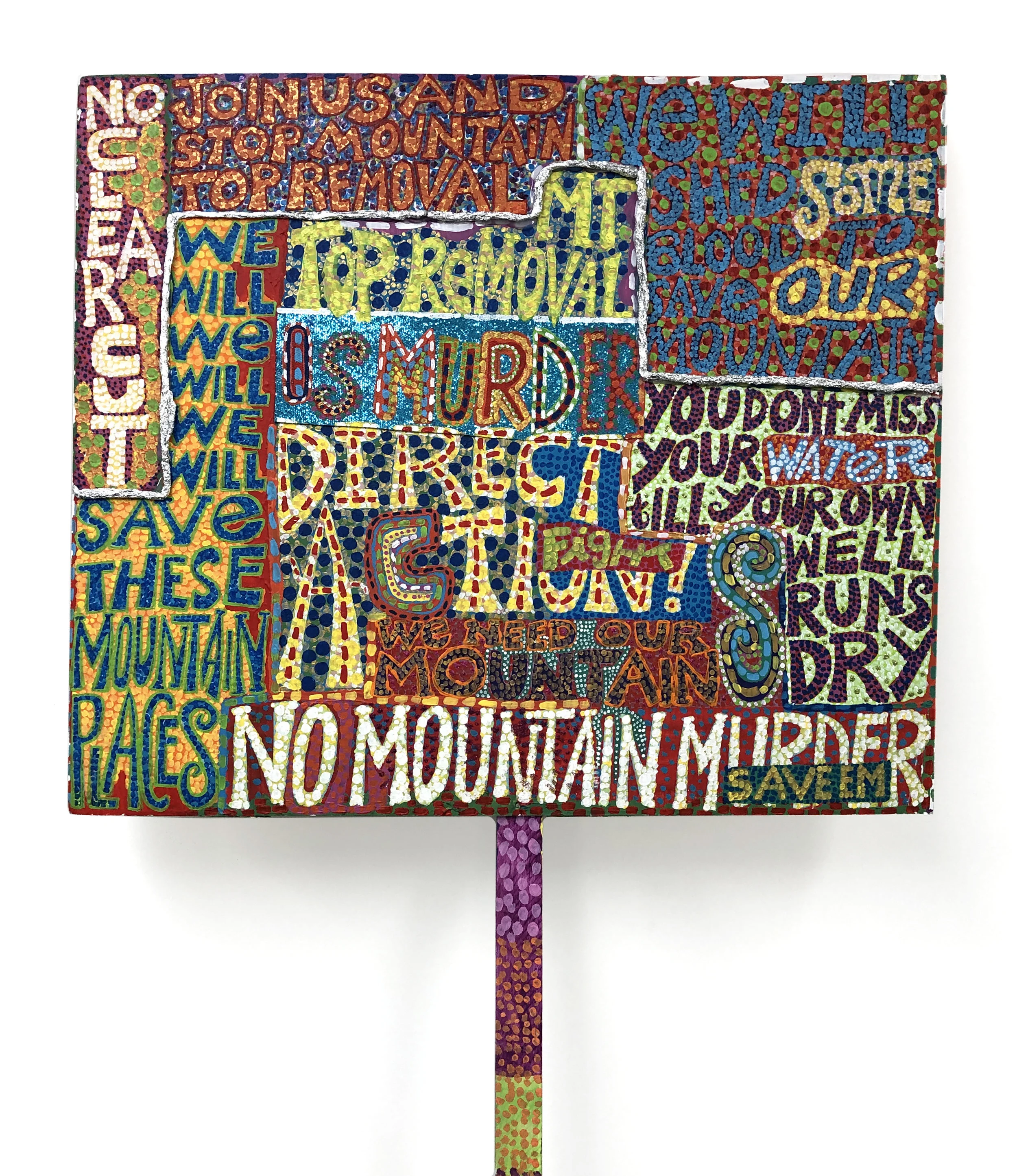 Bruce Burris, No Mountain Murder, 2014, acrylic on found yard sign, 24 x 28.25 inches