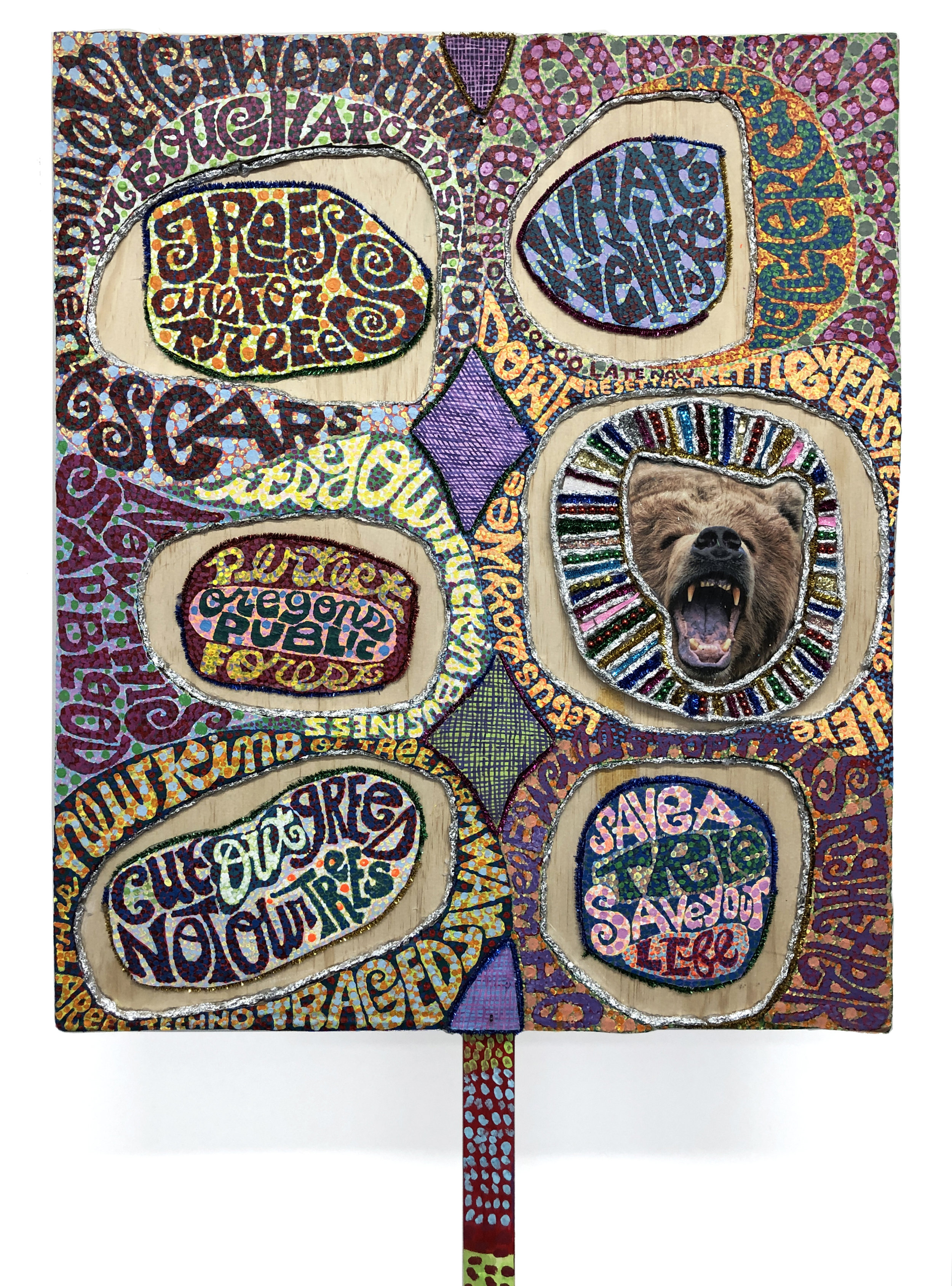 Bruce Burris, Cut Out Greed Not Our Trees, 2018-2019, mixed media assemblage, 28.5 x 24.25 inches