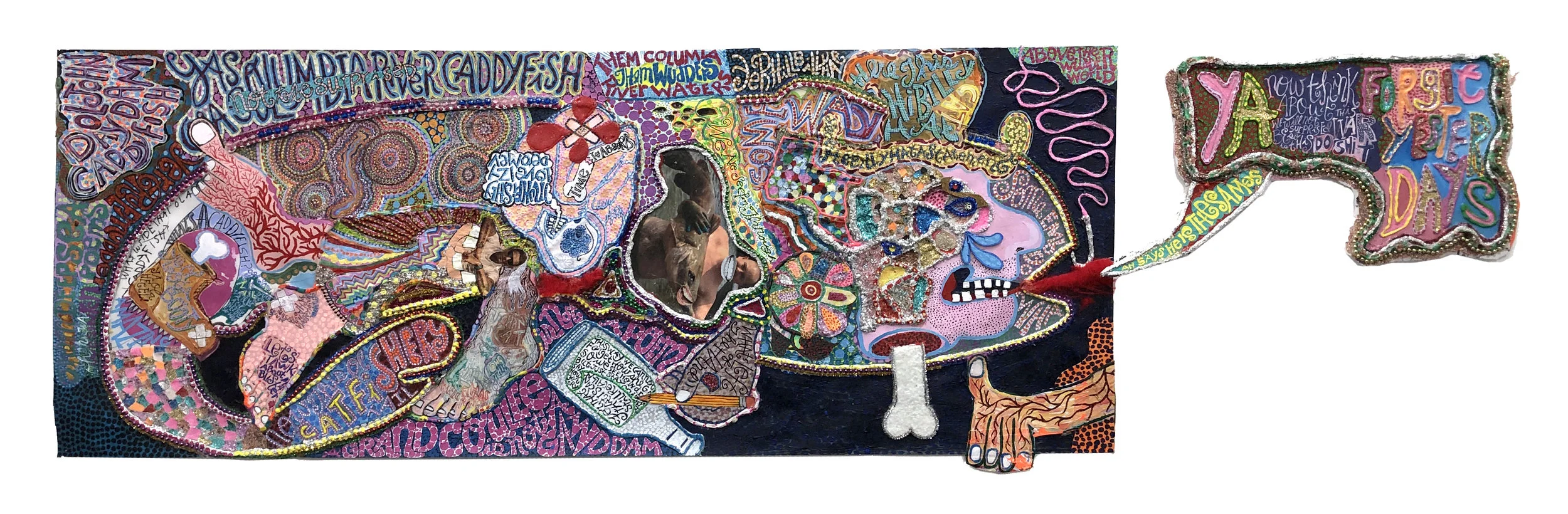 Bruce Burris, Now This Ol' Catfishery, 2018, mixed media on paper 24 x 85.5 x 1 inches