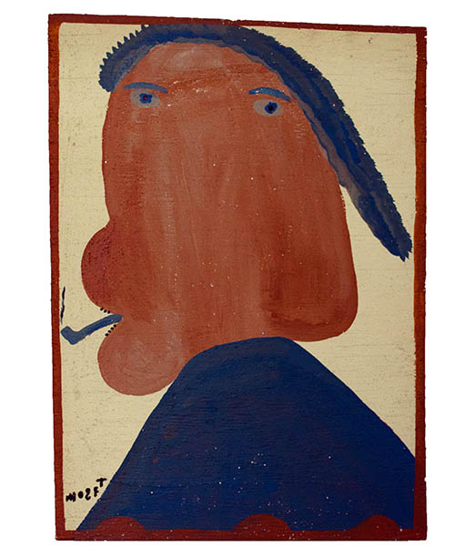 Moses Tolliver, Me smoking my pipe on pike road with cigar butts in it, ca. 1970, house paint on plywood, 26 x 20.5 inches