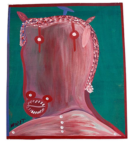Moses Tolliver, Self Portrait, ca. 1980, house paint on plywood, 28.5 x 20 inches