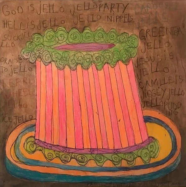 Camille Holvoet, God is Jello, Hell is Jello, 2019, Colored pencil, ink and felt pen on wood, 14 x 14 x .5 inches