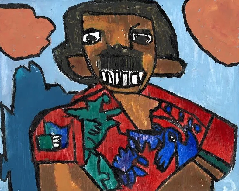 Mary T. Bevlock, Tom Selleck Nice Sunny day in the Mountains of Hawaii, 2019, Watercolor and ink on wood, 8 x 10 inches