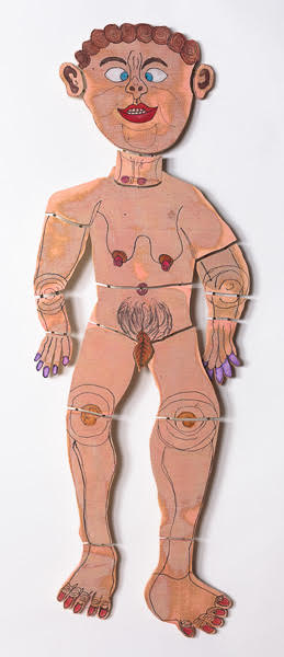 Camille Holvoet, Naked Woman Crossed Eyes Standing on Stilts, 2017, Ink and marker on wood, 49 x 16 x 1 inches