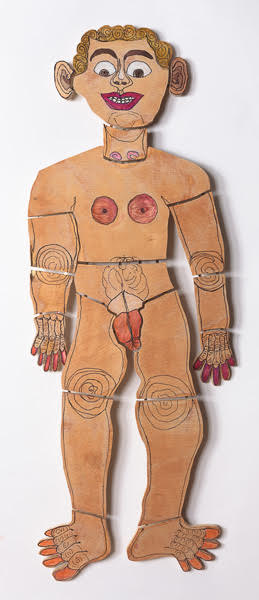 Camille Holvoet, Naked Man Wide Eyes Open Standing on Stilts, 2017, Ink and marker on wood, 47 x 15 x 1 inches