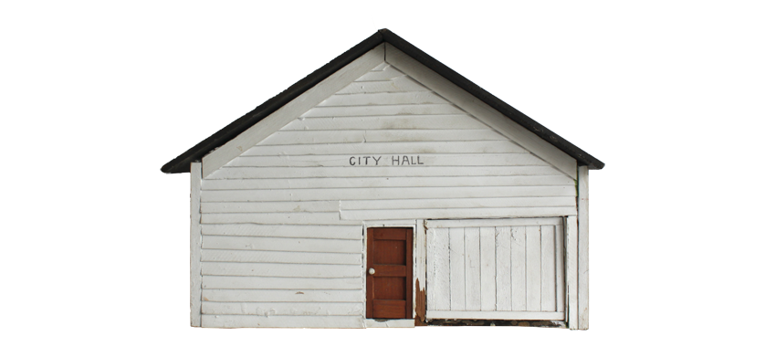 Lloyd Mattingly, Lebanon Junction Building 7 "City Hall", 1982, wood, matte board, plywood, plexiglass, paper, paint, 12.5 x 16.5 x 10 inches
