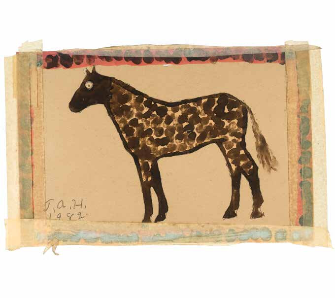 T. A. Hay, Untitled (Horse), 1982, shoe polish, marker, and masking tape on paper, 6 x 9 inches