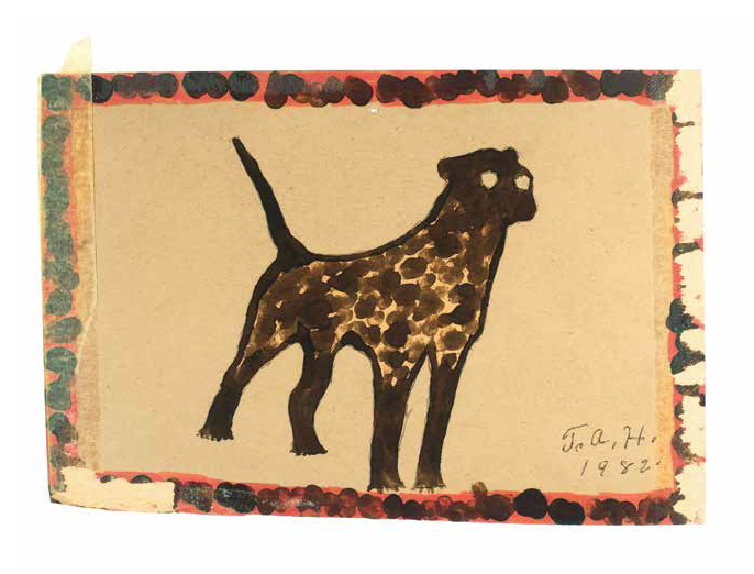 T. A. Hay, Untitled (Dog), 1982, shoe polish, marker, masking tape, and yarn on paper, 6.25 x 9 inches