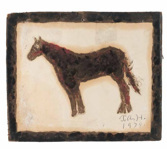 T. A. Hay, Untitled (Horse), 1979, Shoe polish, marker, and paper on board, 5 x 6 inches