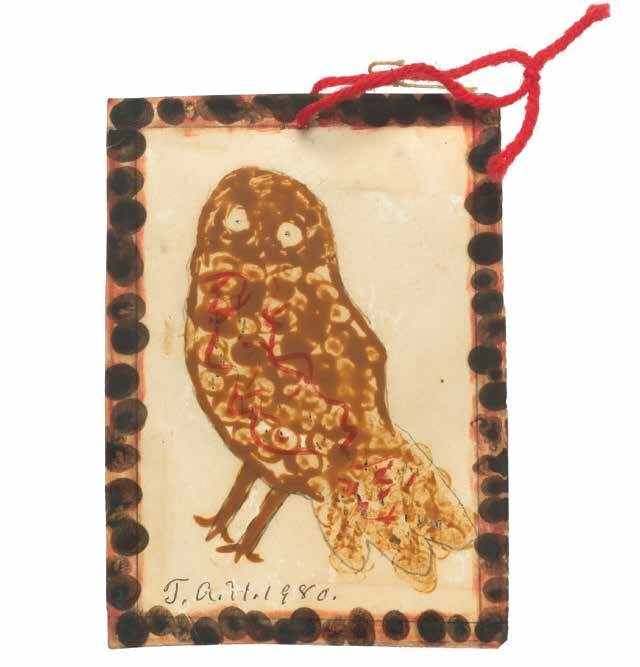 T. A. Hay, Untitled (Owl), 1980, shoe polish, marker, pencil, and yarn on paper, 6 x 4.5 inches