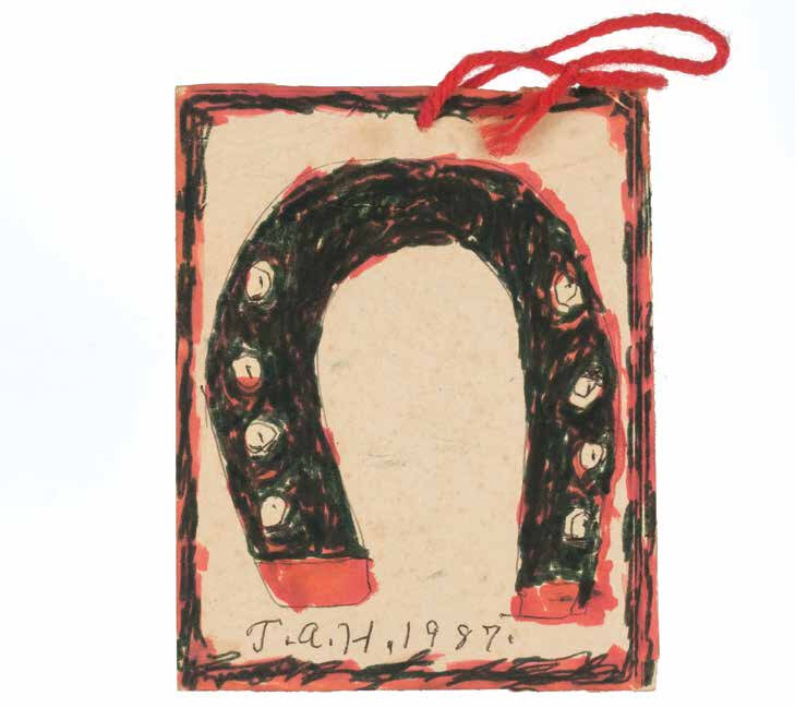 T. A. Hay, Untitled (Horseshoe), 1987, marker and yarn on paper on board, 5.25 x 4.25 inches
