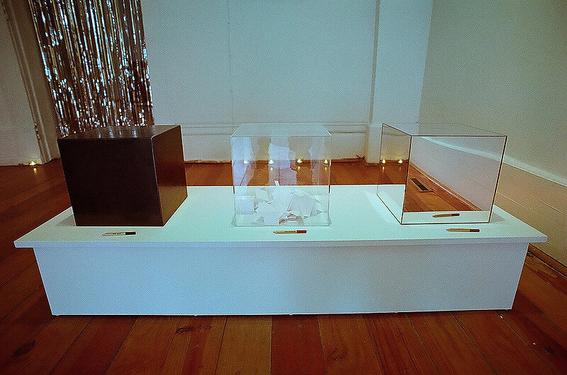 Sameer Reddy, Untitled (Shame), Untitled (hope), Untitled (reflection), 2013, sheet metal box with black patina, acrylic box, mirrored box