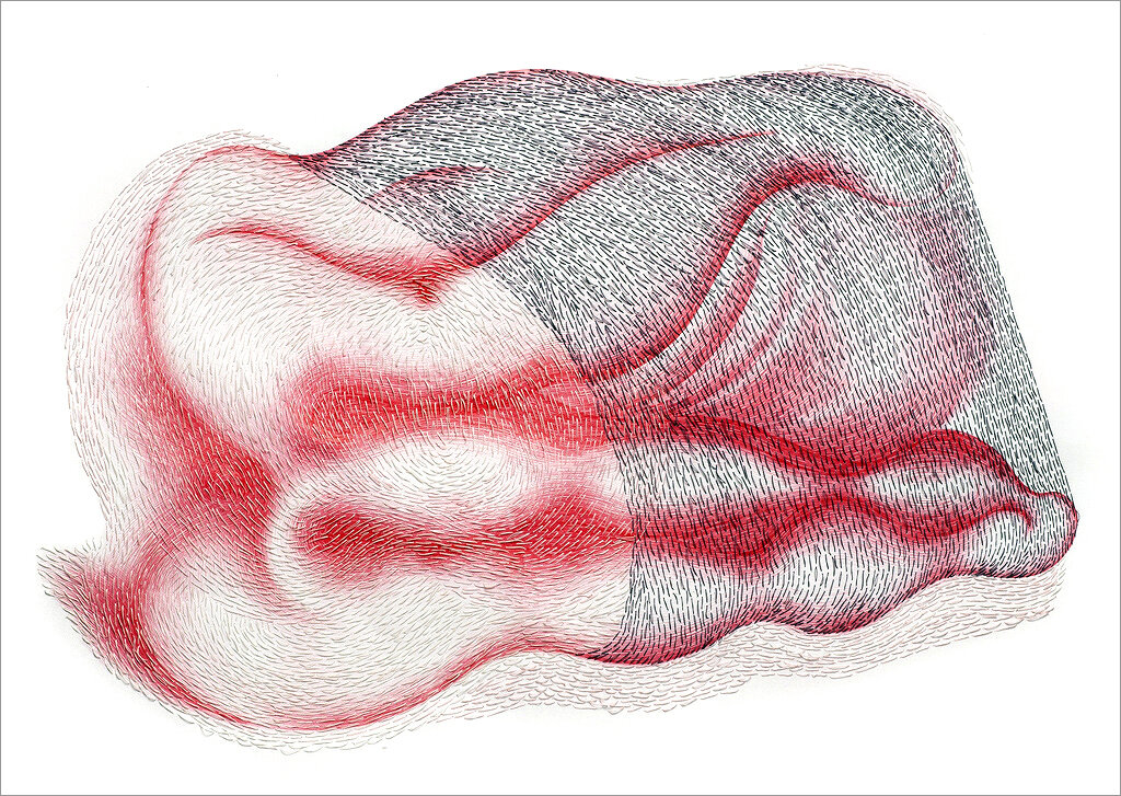 Mike Goodlett, Toilers of the Sea, 2011, Ballpoint pen and thread on paper, 22.75 x17 inches