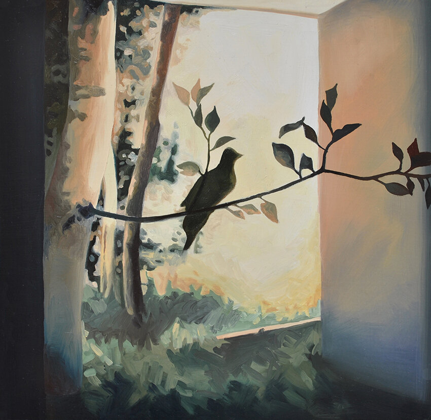 Lina Tharsing, Bird in a Room, 2011, Oil on panel, 12 x 12.5 inches