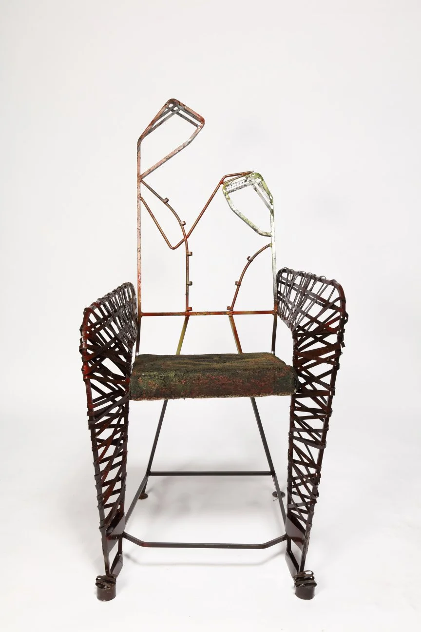 Richard Dial, "Time for Prayer", 2023, oil-based paint on metal and carpet, 59 1⁄2 x 30 1⁄2 x 37 inches