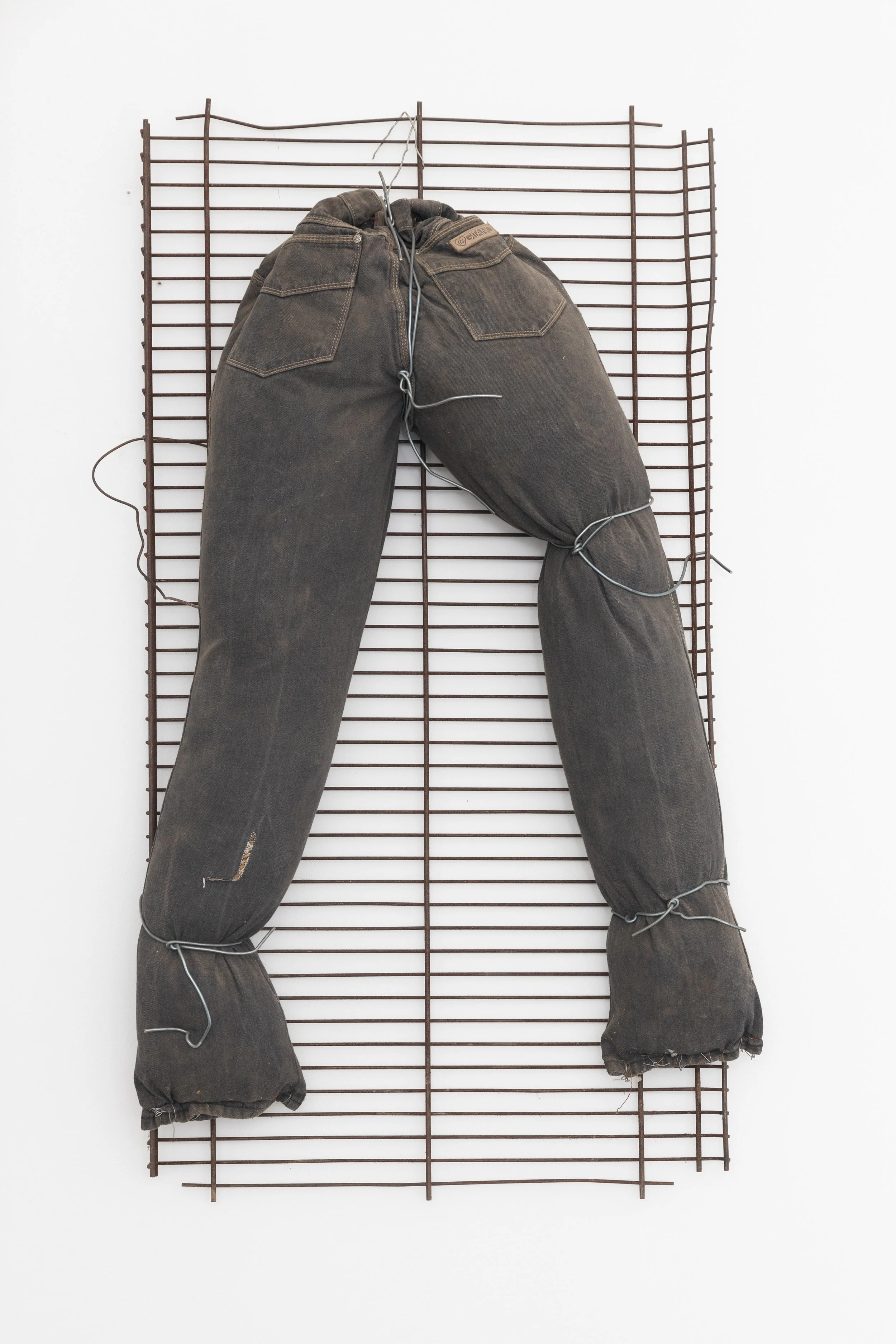 Hawkins Bolden, Untitled, 1980s, jeans, metal wire, metal shelf, leaves, straw, grass, 47 x 24.5 x 7.5 inches.