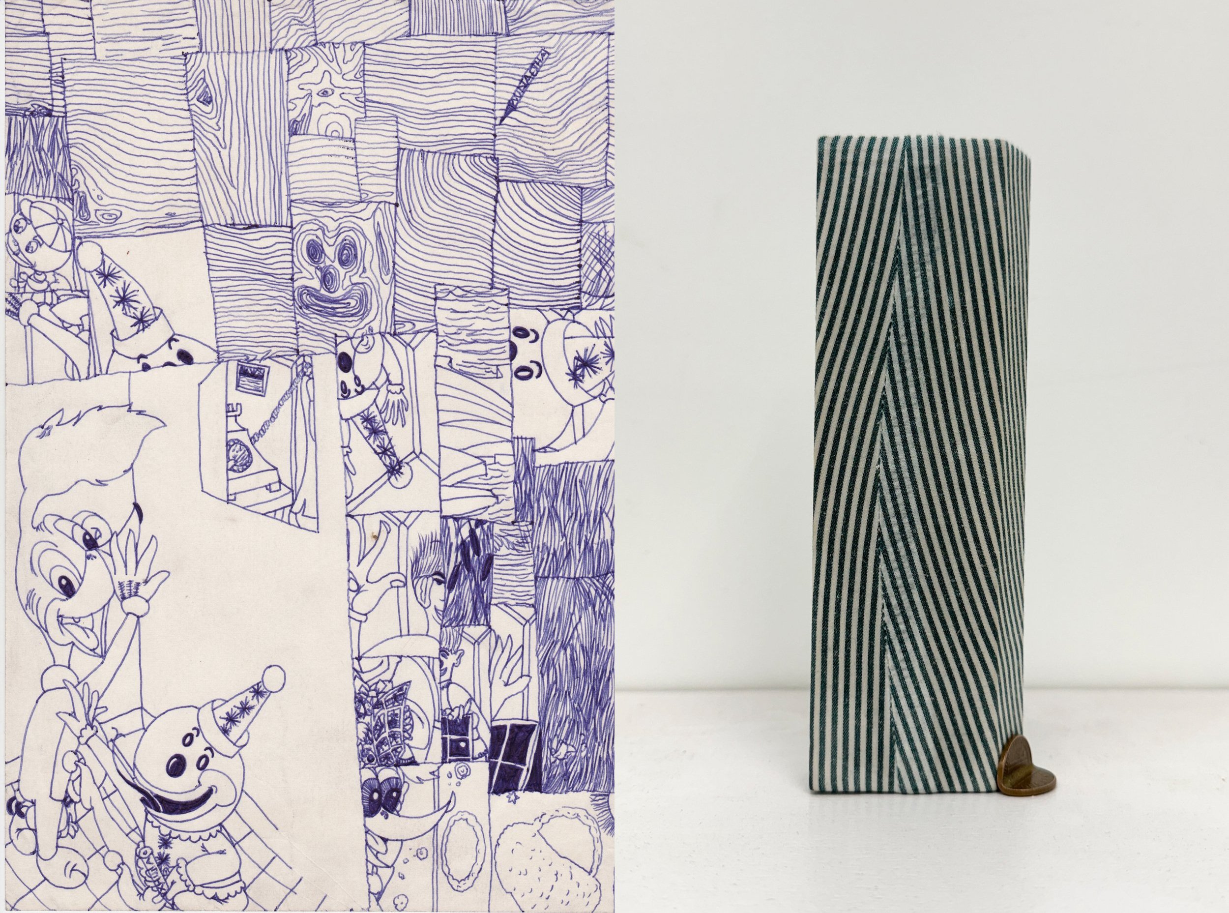 Left: Detail of Susan Te Kahurangi King, "Untitled", 1966. Right: Eric Oglander, "footing", 2025.