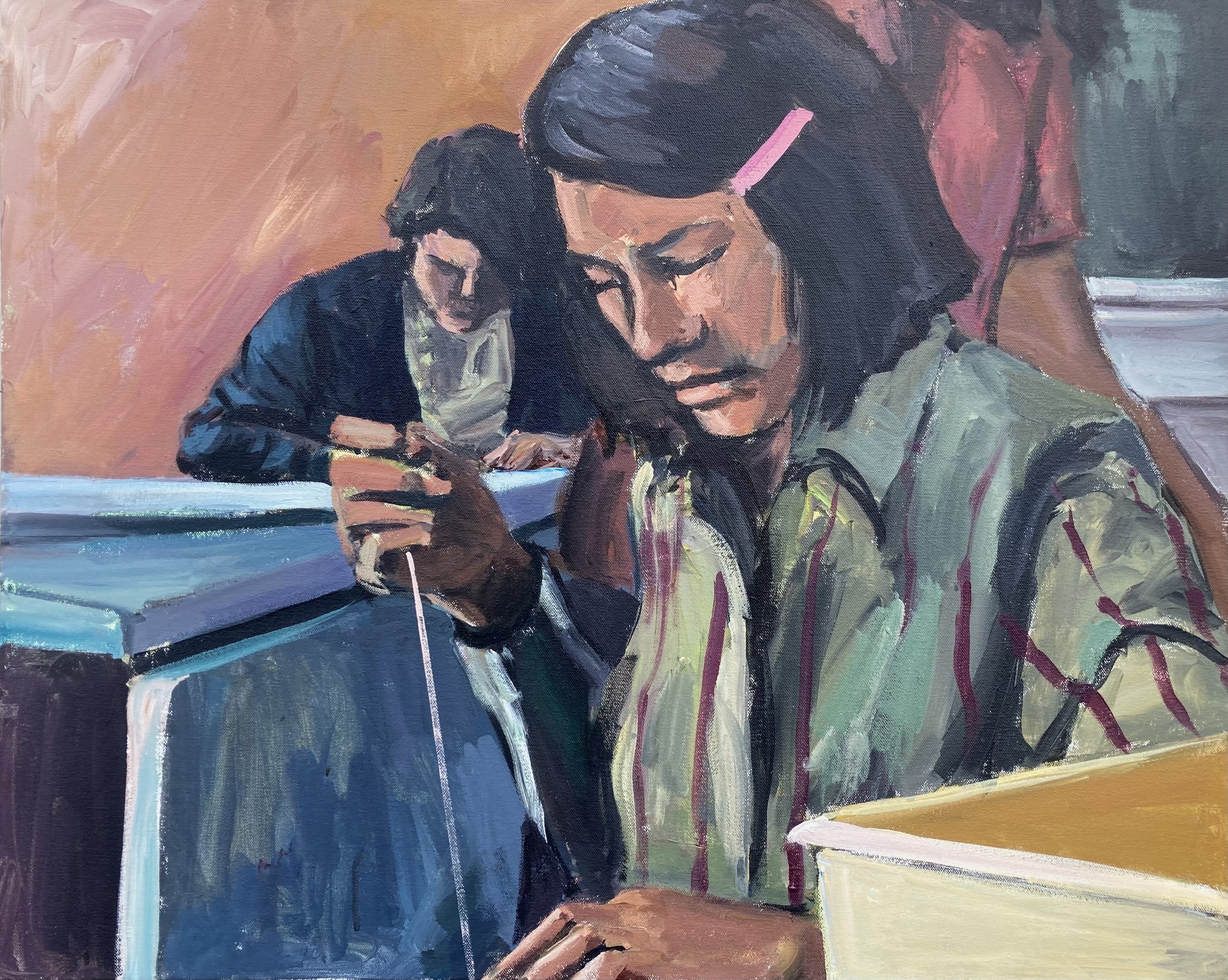 Marcus Dunn, Sewing Class, 2025. Acrylic on canvas, 24 x 30 in.