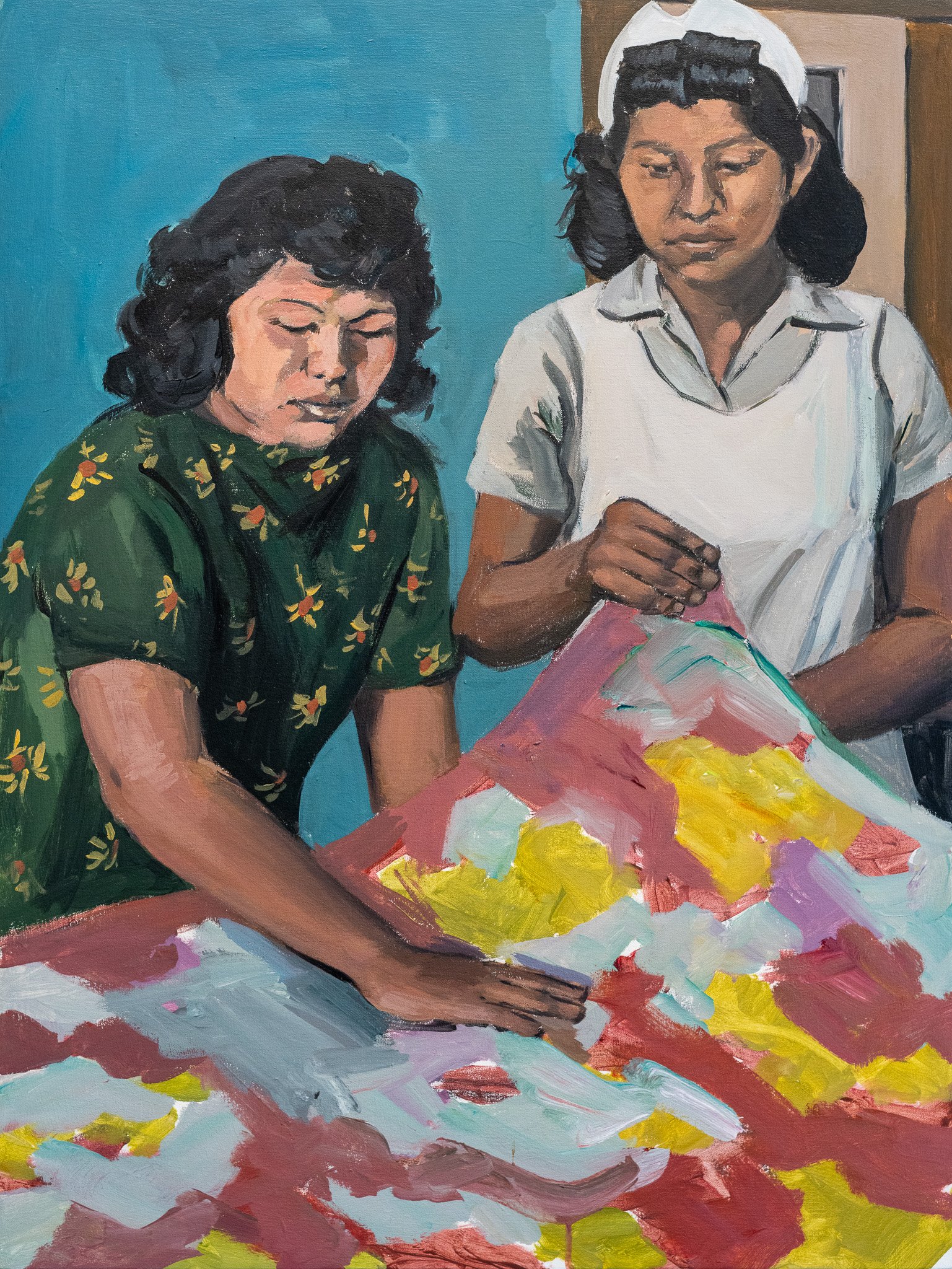 Marcus Dunn, Preparing the Room, 2025. Acrylic on canvas, 36 x 27 inches.