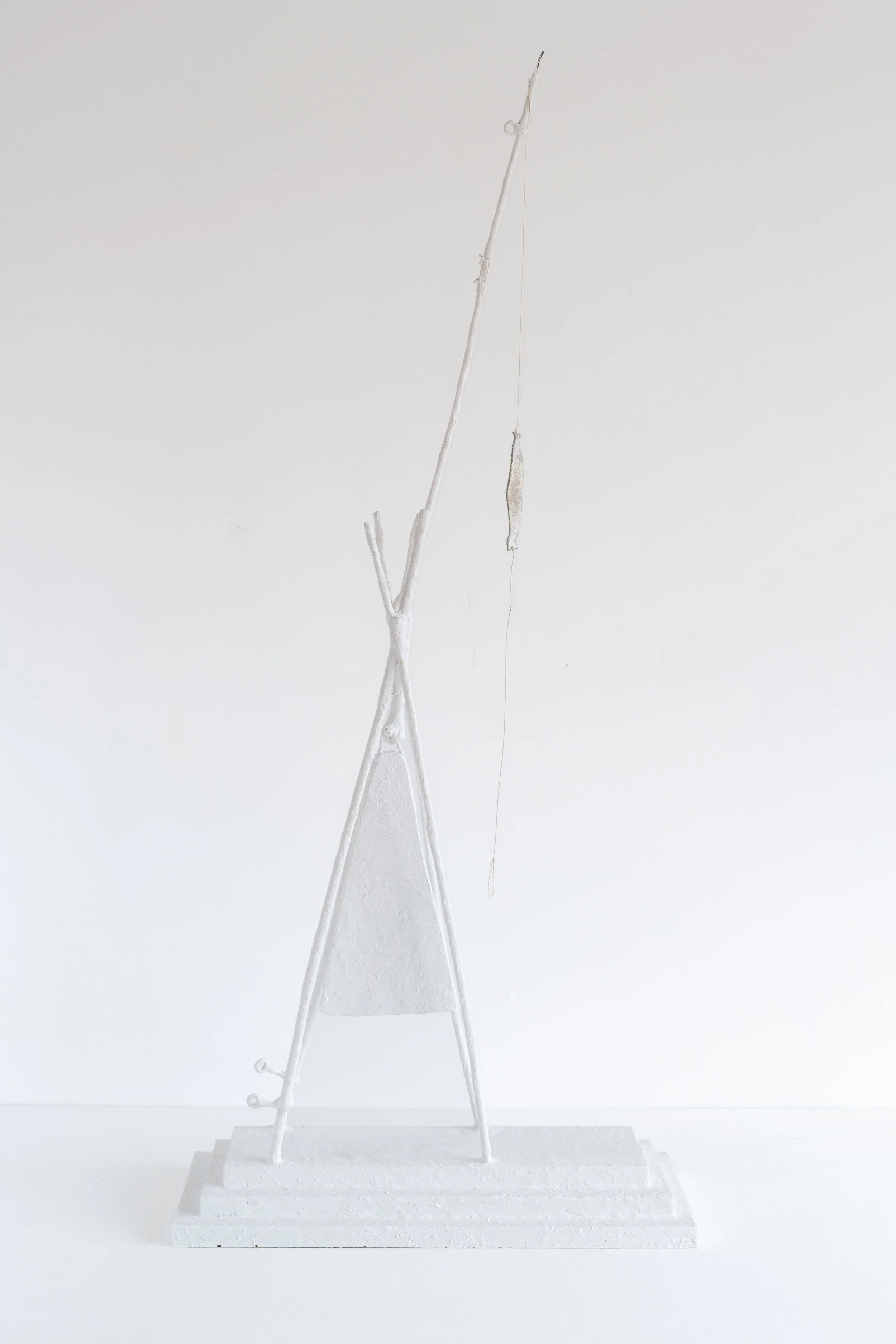 Eric Oglander, Bad neighbor, 2021 - 2025,
plywood, mahogany, epoxy, wire, nylon string, leather bamboo, brass, acrylic paint, 17 ⅛ x 38 ½ x 7 ⅝ inches